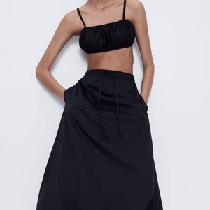 Zara Black Voluminous Midi Skirt + Coordinating Bra Top, NWT, XL